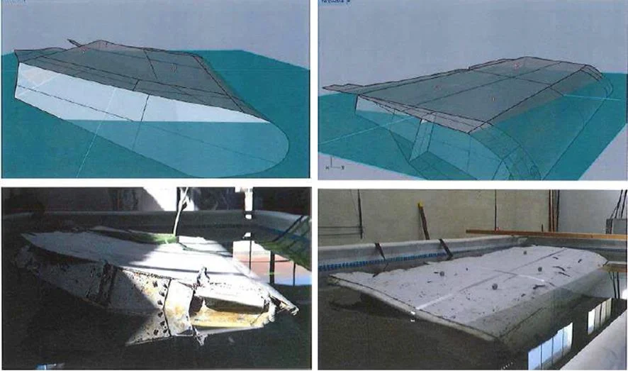 Flaperon buoyancy testing conducted by French DGA in Toulouse, showing simulation models and the actual flaperon in water tank