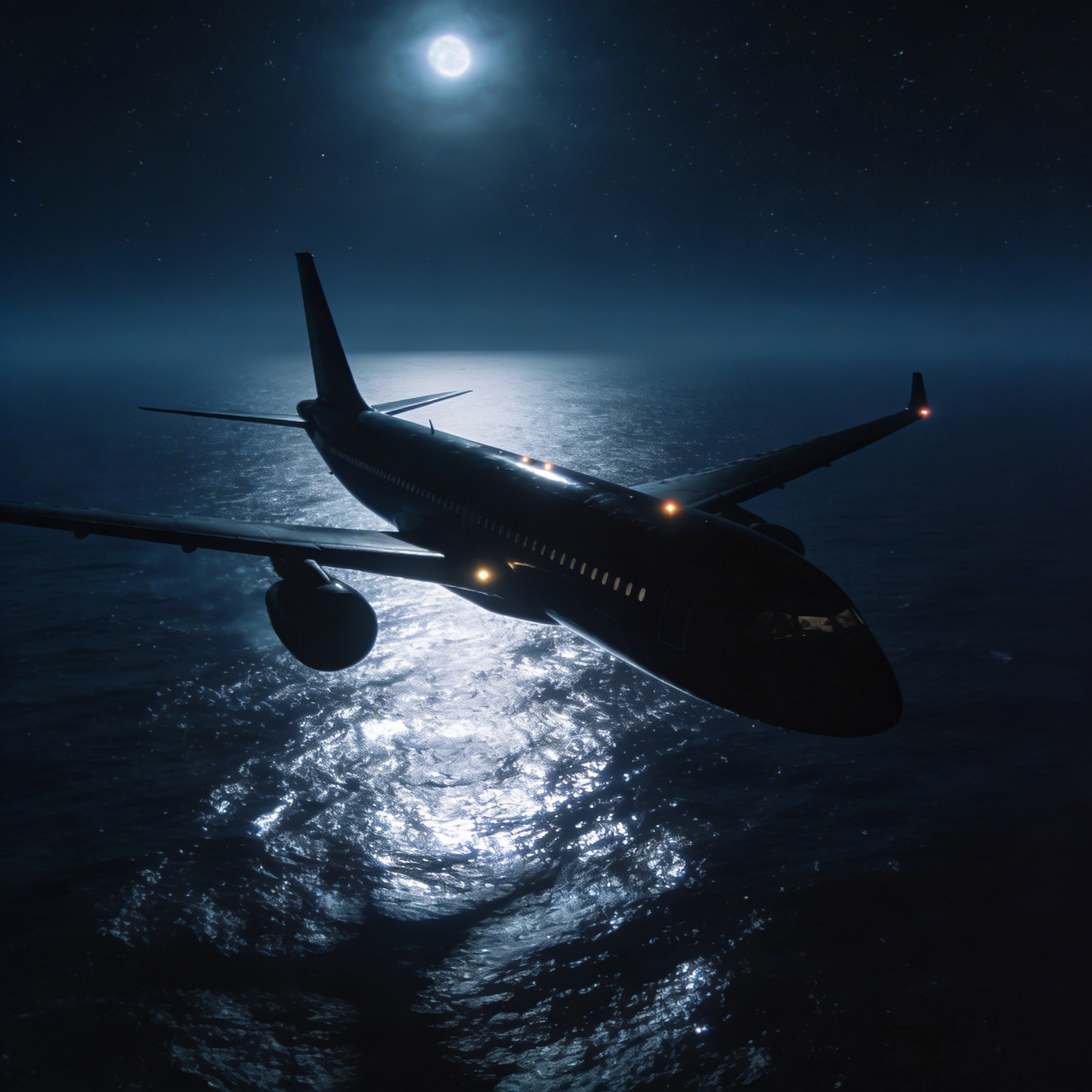 Aircraft flying low over dark ocean at night