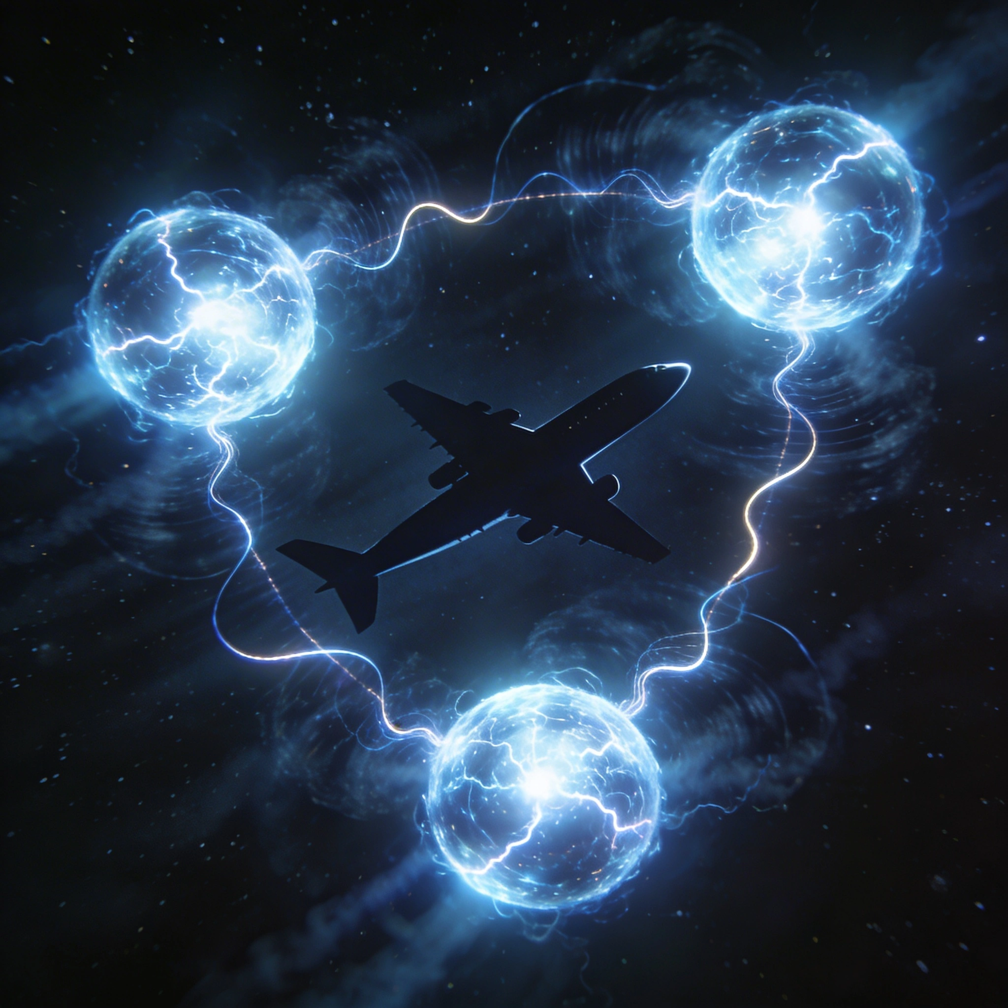 Three luminous plasma orbs in triangular formation around an aircraft