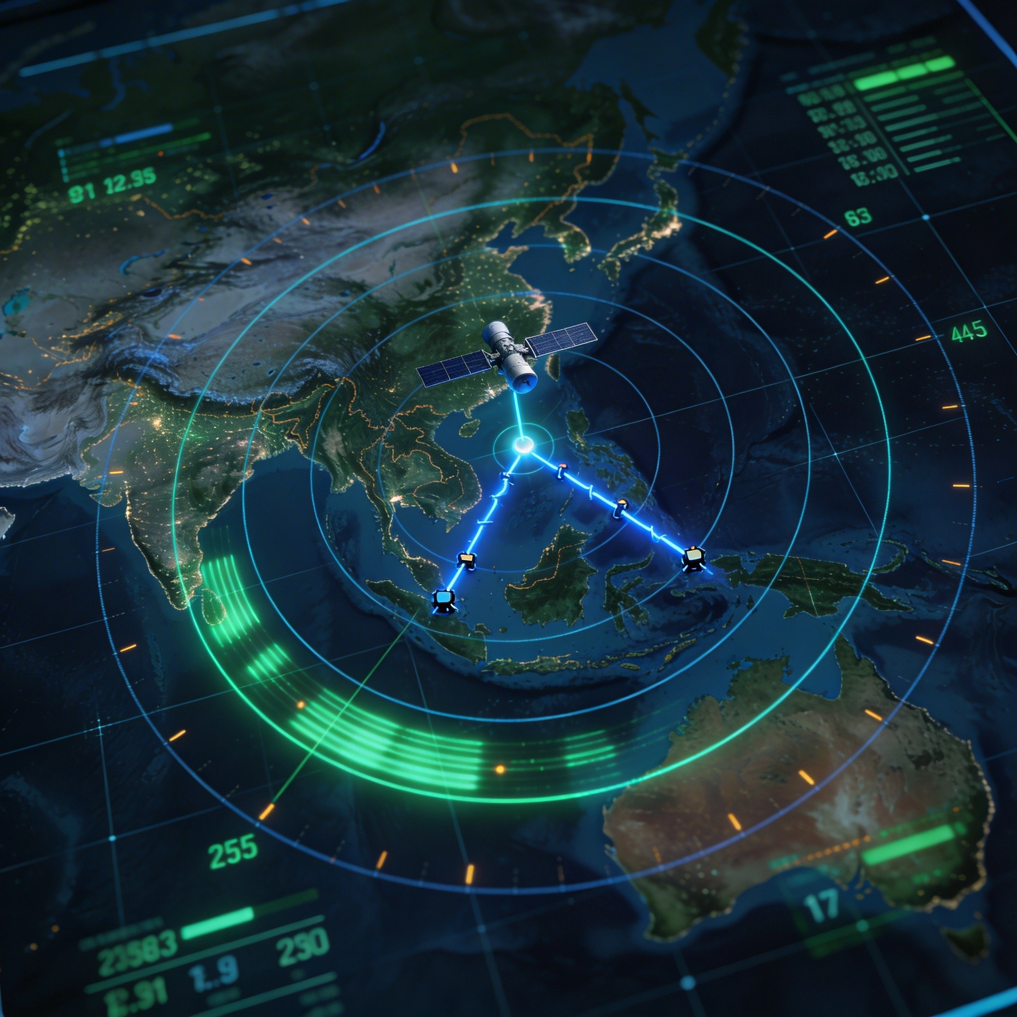 Satellite tracking arcs and radar data over Southeast Asia