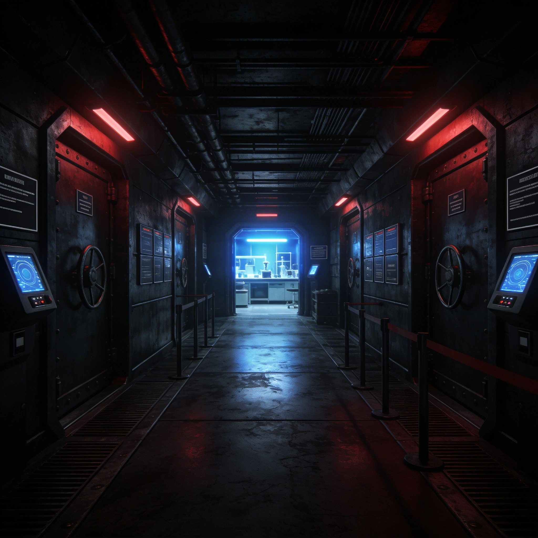 Classified government research facility corridor